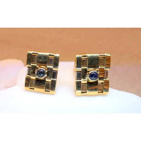 VTG 14Kt Yellow Gold Basket Weave Sapphire Cufflinks Tuxedo Wedding Gift - Picture 2 of 7